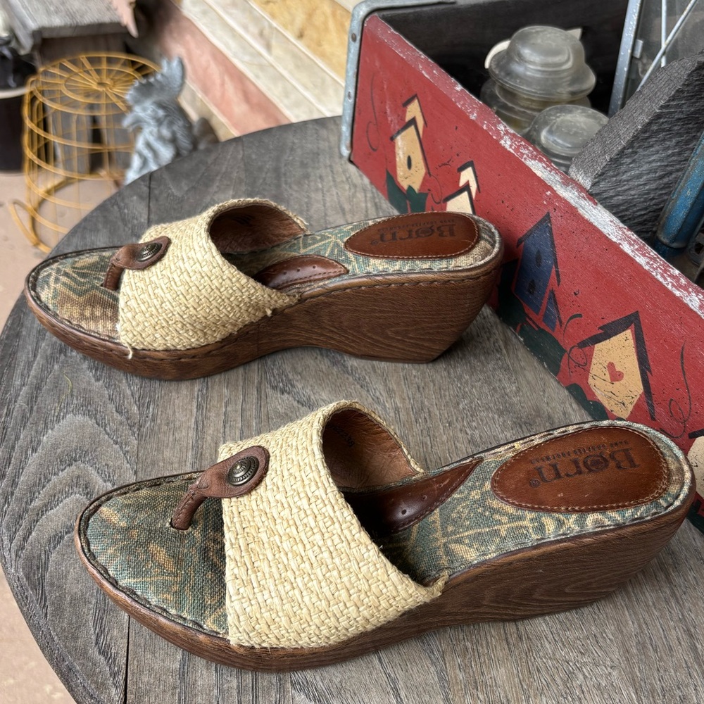 Born Women's Sz 8 "Miko" Cream Woven Rafia and Brown Leather Wedge Sandals Heels - Picture 4 of 9